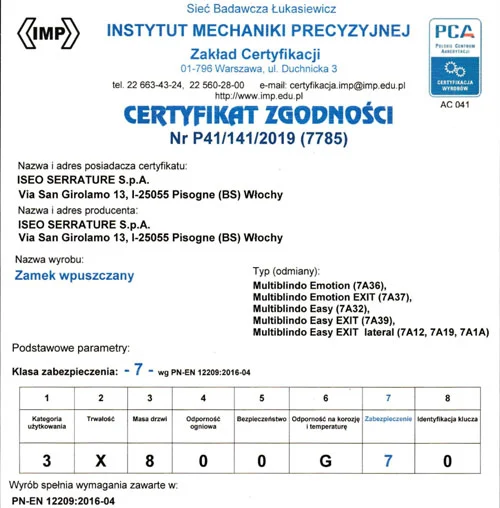 Certyfikat IMP dla zamka Multiblindo Easy EXIT lateral